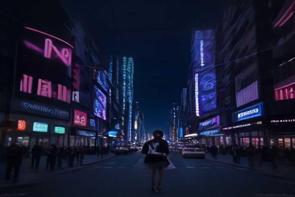 cena futurista de cidade digital com ícones de compras e agentes de IA a voar