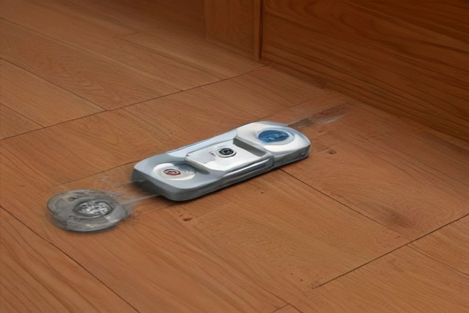 Illustration showing water seeping between laminate planks and a closeup of robot wheels rolling over the floor