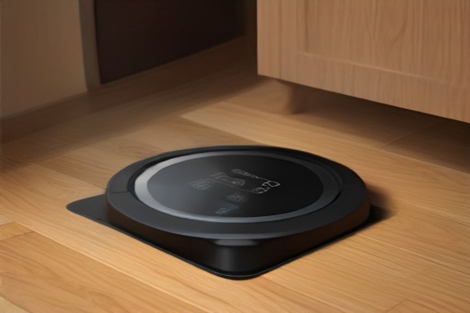 warning sign icon over a laminate floor with a robot vacuum beside it