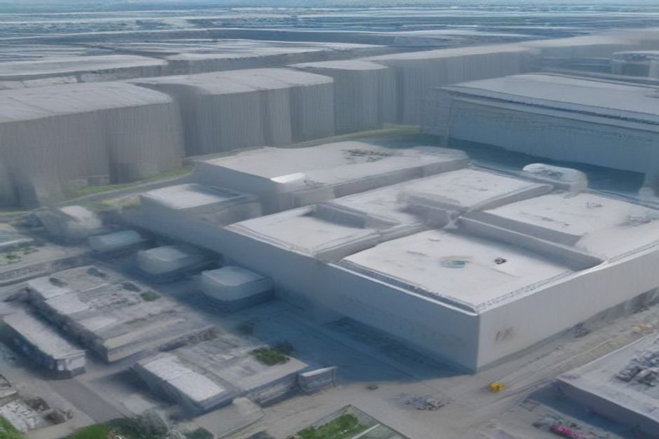 drone view of a modern factory with tech symbols and Google logo