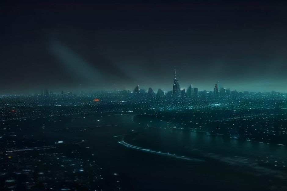 futuristic city skyline with glowing data streams