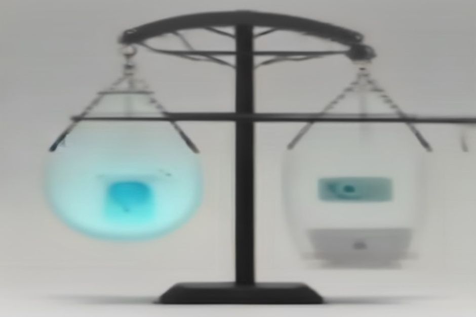 balance scale with tech symbols on one side and ecofriendly icons on the other