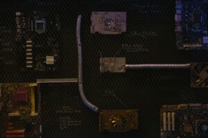 still life of AI circuit board with cloud symbols, editorial tech style, no people