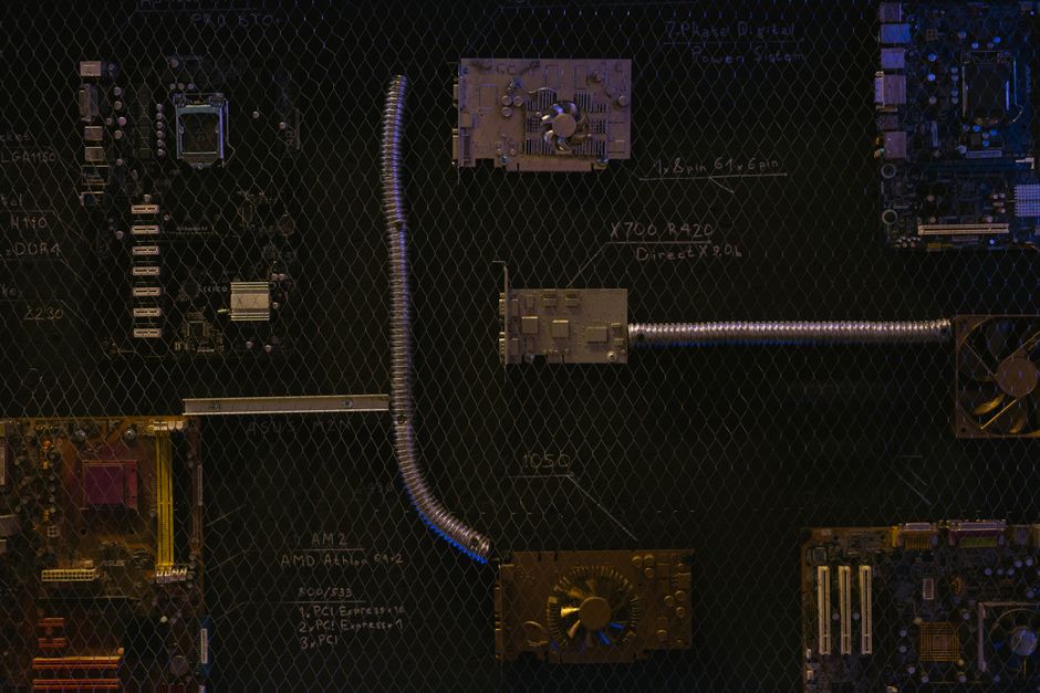 still life of AI circuit board with cloud symbols, editorial tech style, no people